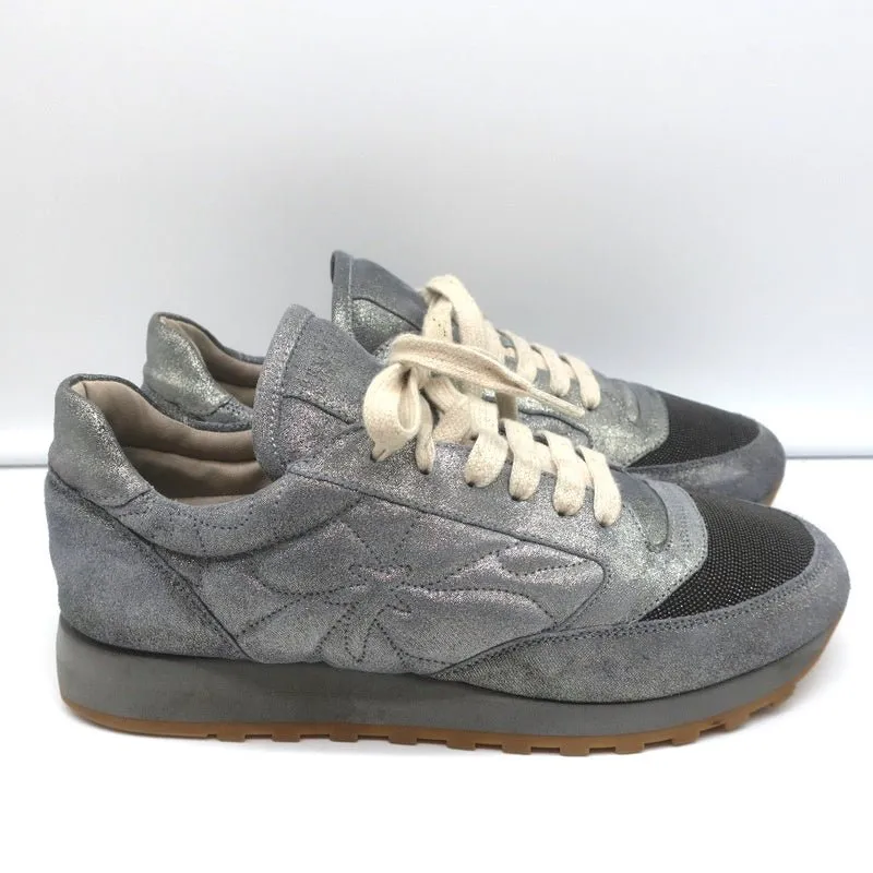 Brunello Cucinelli Monili Runner Sneakers Blue Metallic Leather Size 41