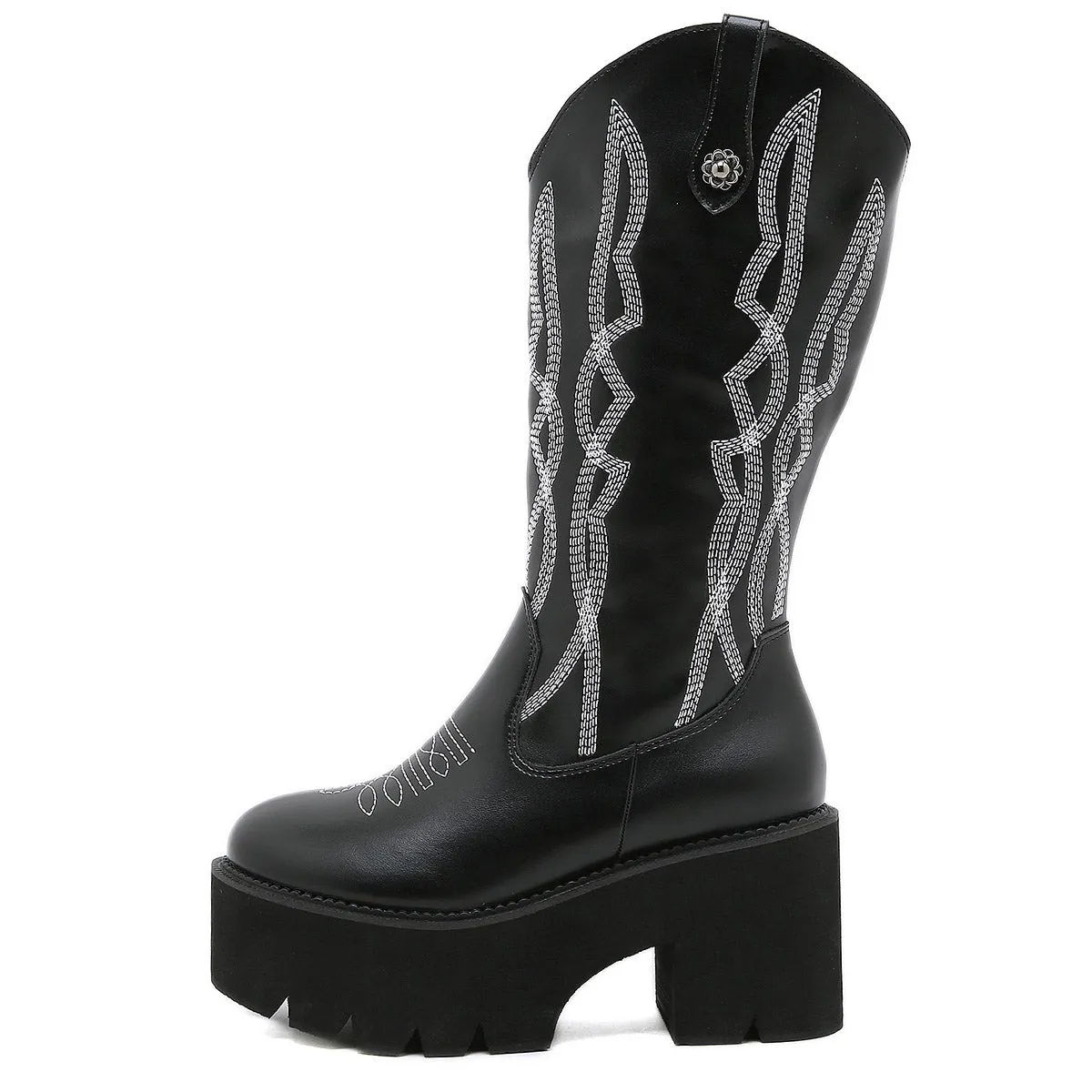 Thick Heel Embroidery Western Mid-Calf Boots